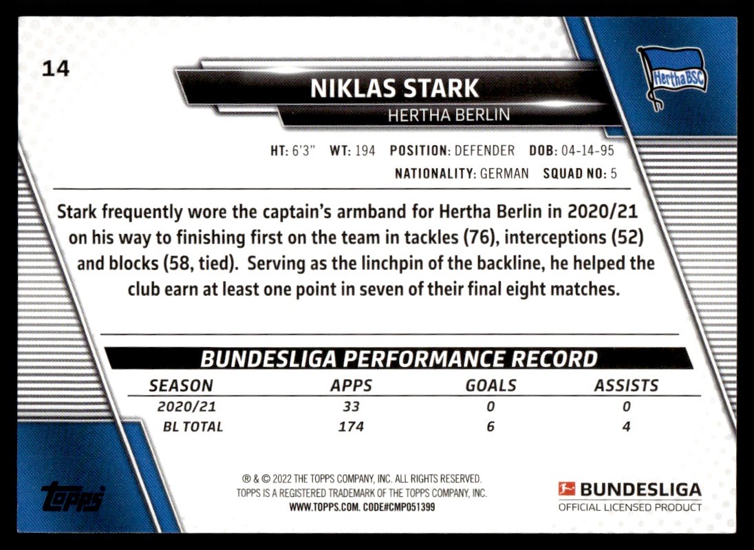 2021 Topps Bundesliga Niklas Stark #14 card back image