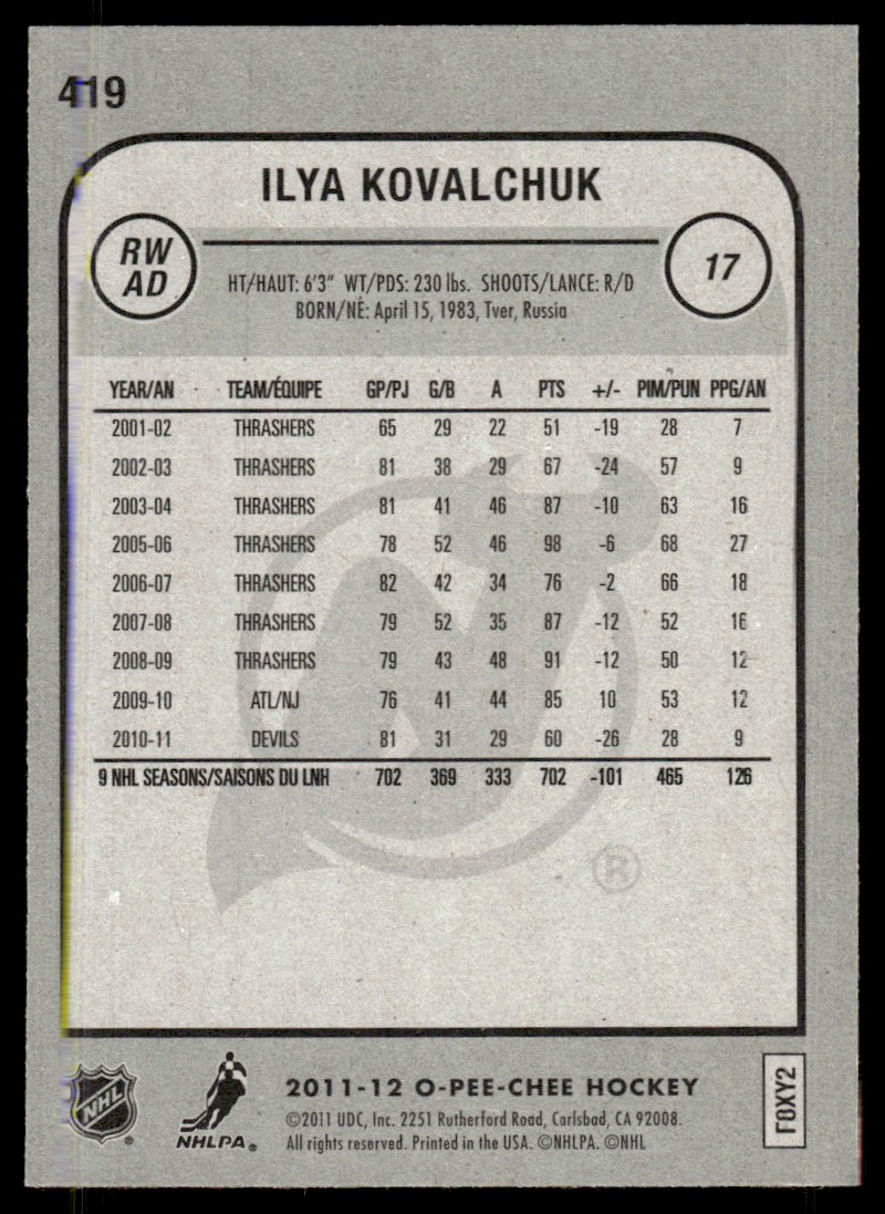 2011-12 O-Pee-Chee ! Ilya Kovalchuk #419 card back image