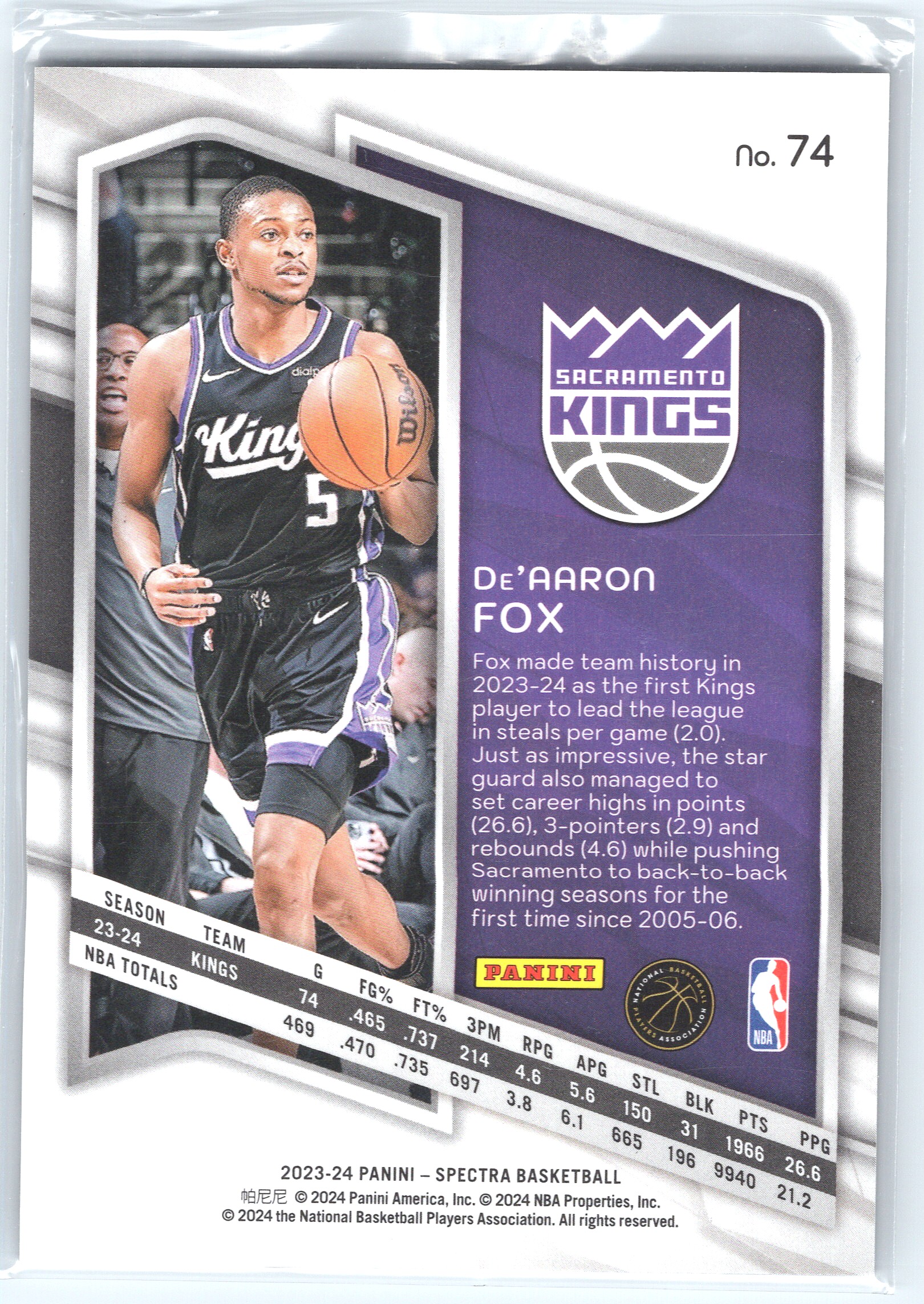 2024-25 Panini Spectra De'Aaron Fox #5 card back image