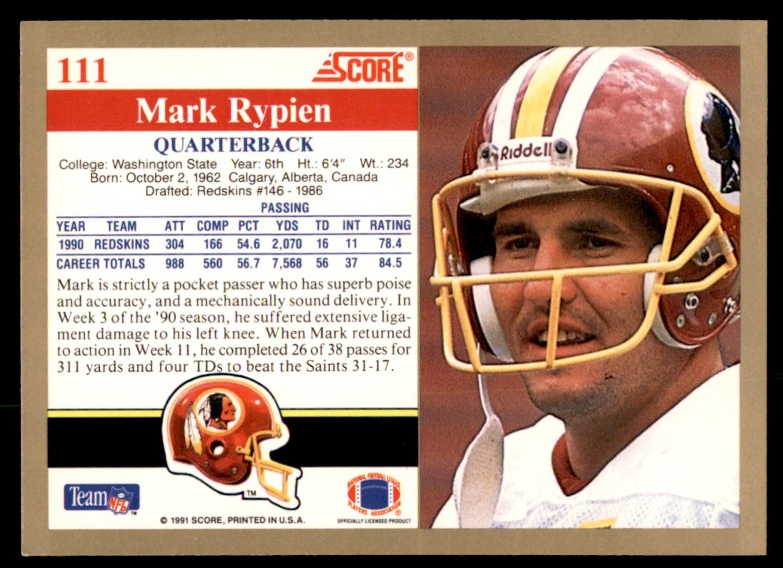 1991 Score Mark Rypien #111 on Kronozio