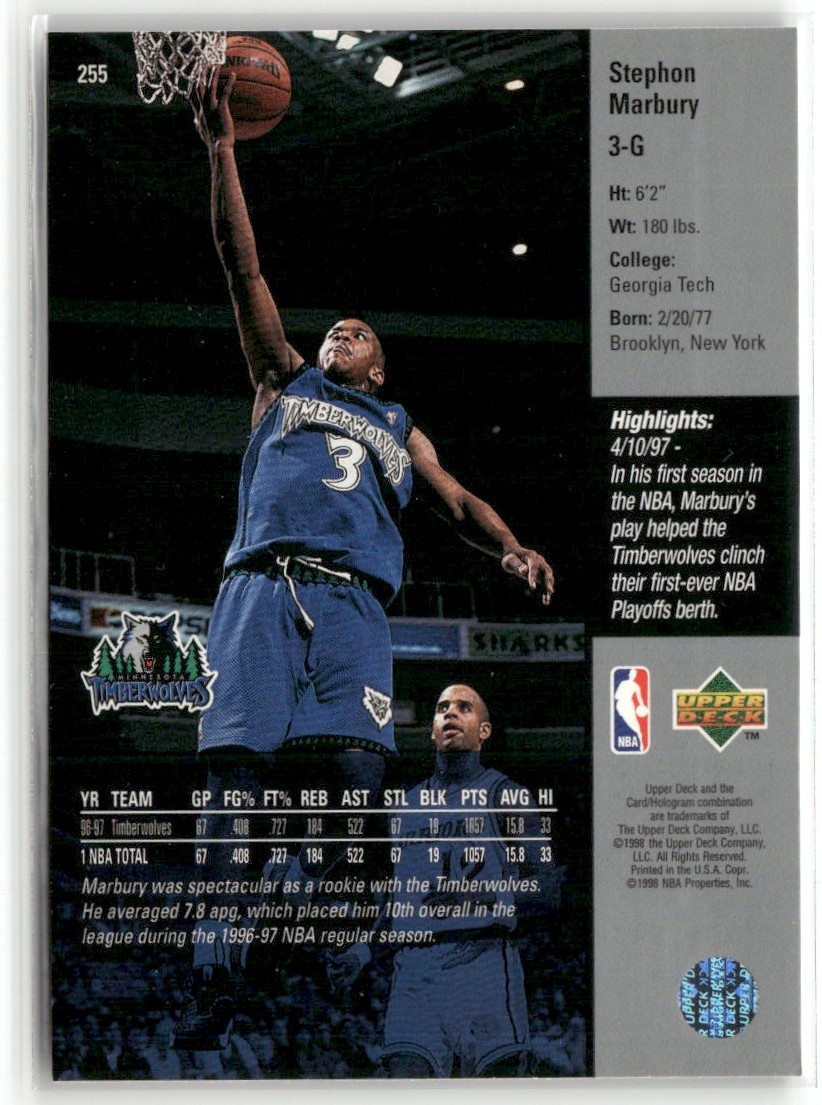 1997-98 UPPER DECK STEPHON MARBURY MINNESOTA TIMBERWOLVES #255 | eBay