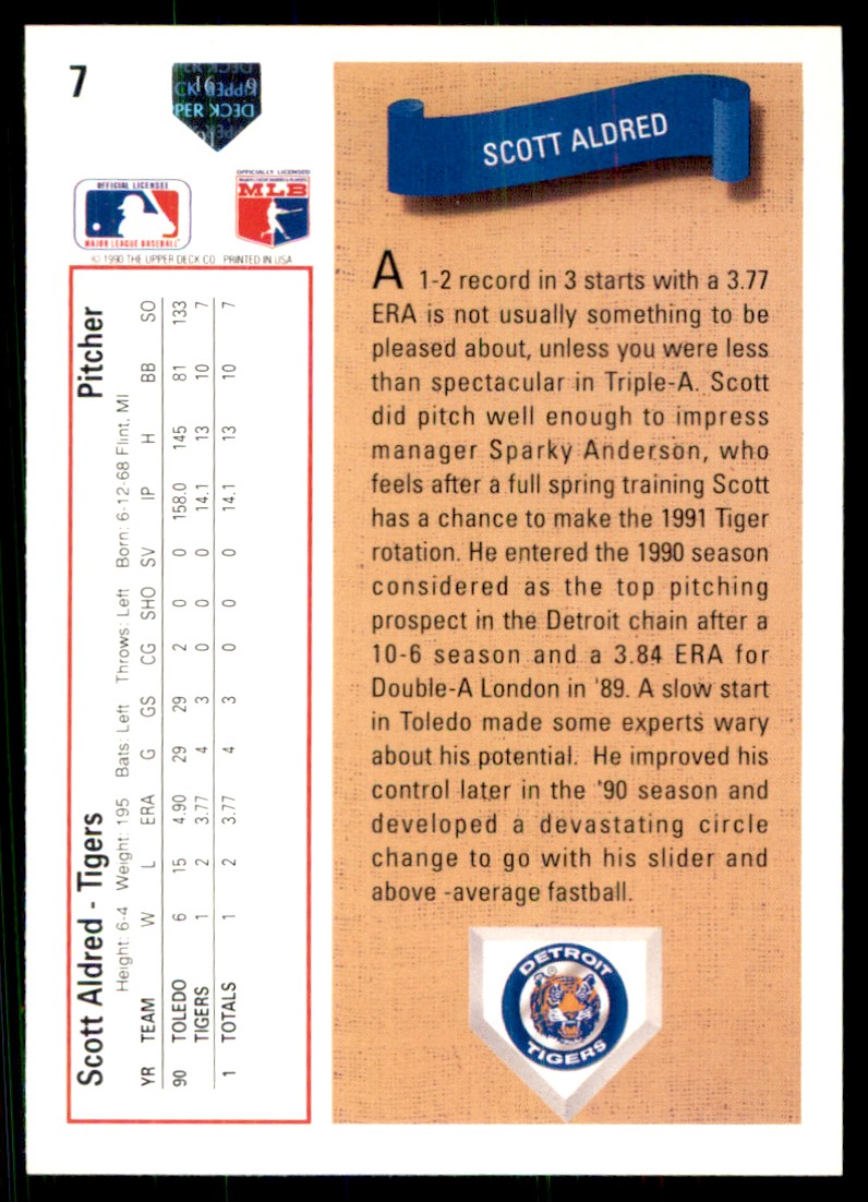 1991 Upper Deck Scott Aldred #7 card back image