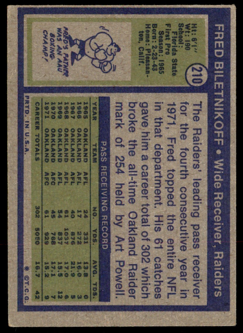 1972 Topps Fred Biletnikoff #210 card back image