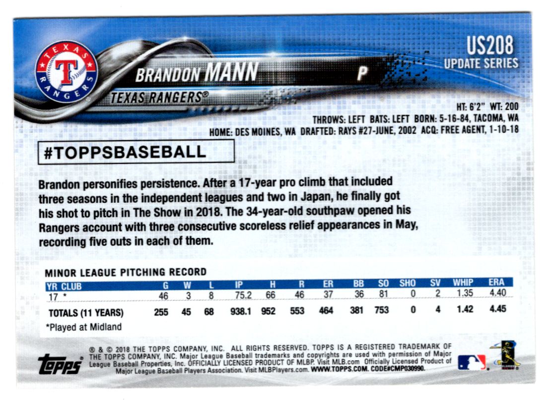 2018 Topps Update Brandon Mann #US208 card back image