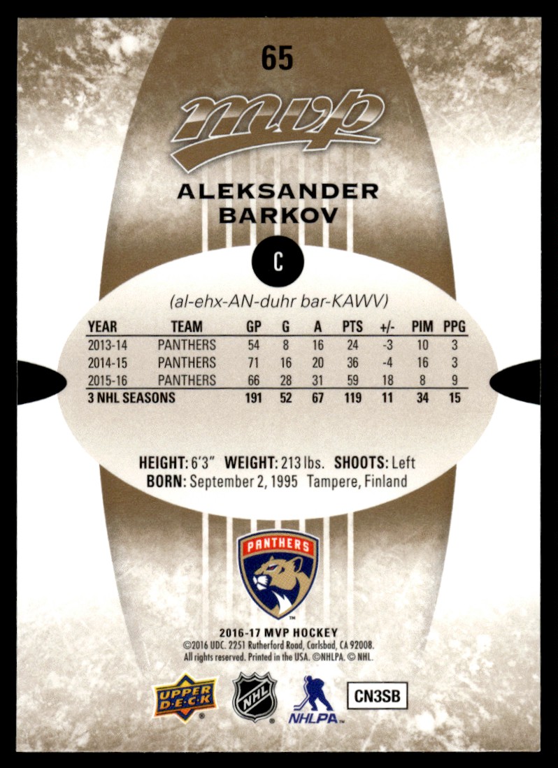 2016-17 Upper Deck MVP Aleksander Barkov #65 card back image