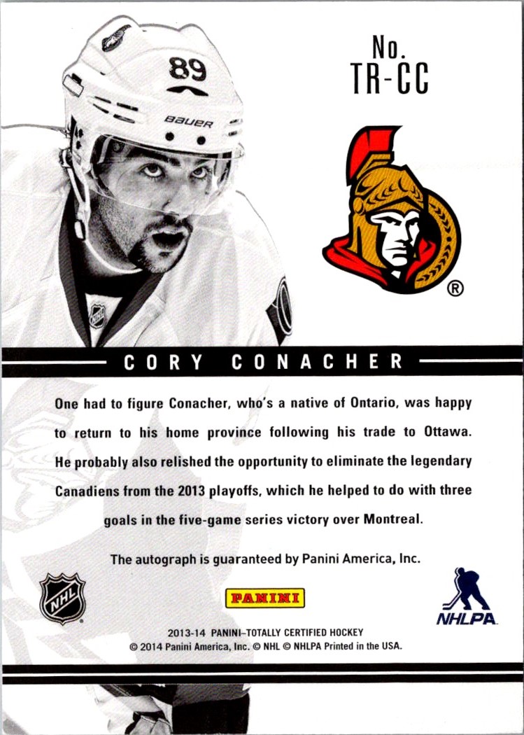 2013-14 Panini Totally Certified Rookie Signatures Cory Conacher #TR-CC card back image