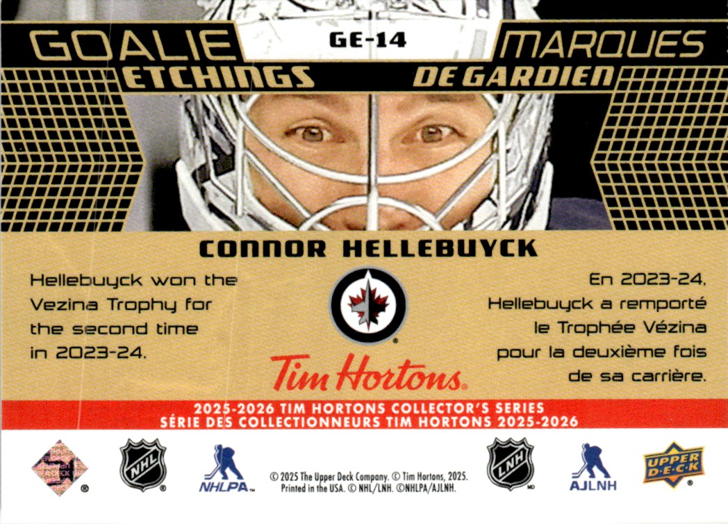 2025-26 Upper Deck Tim Hortons Goalie Etchings Connor Hellebuyck