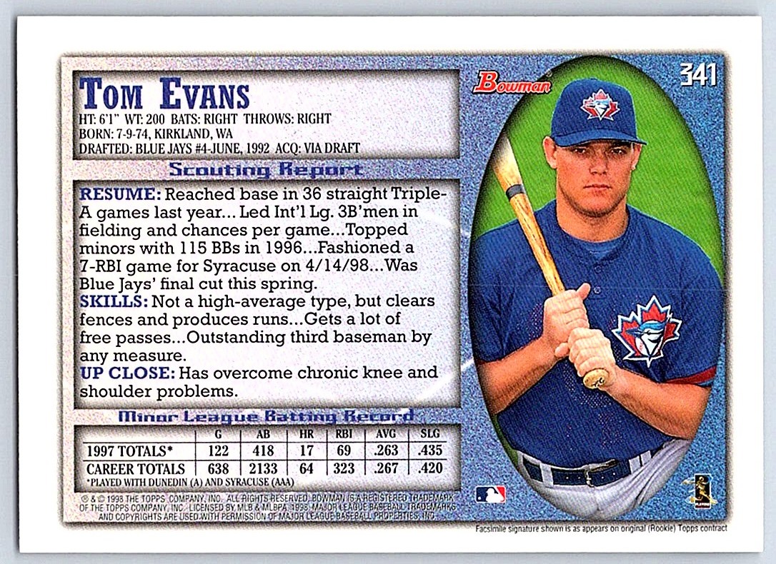 1998 Bowman Tom Evans #341 card back image