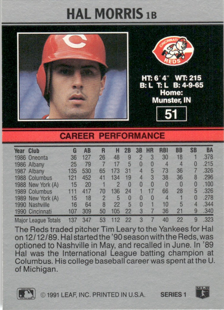 1991 Leaf Major League MLB Baseball Hal Morris #51 card back image