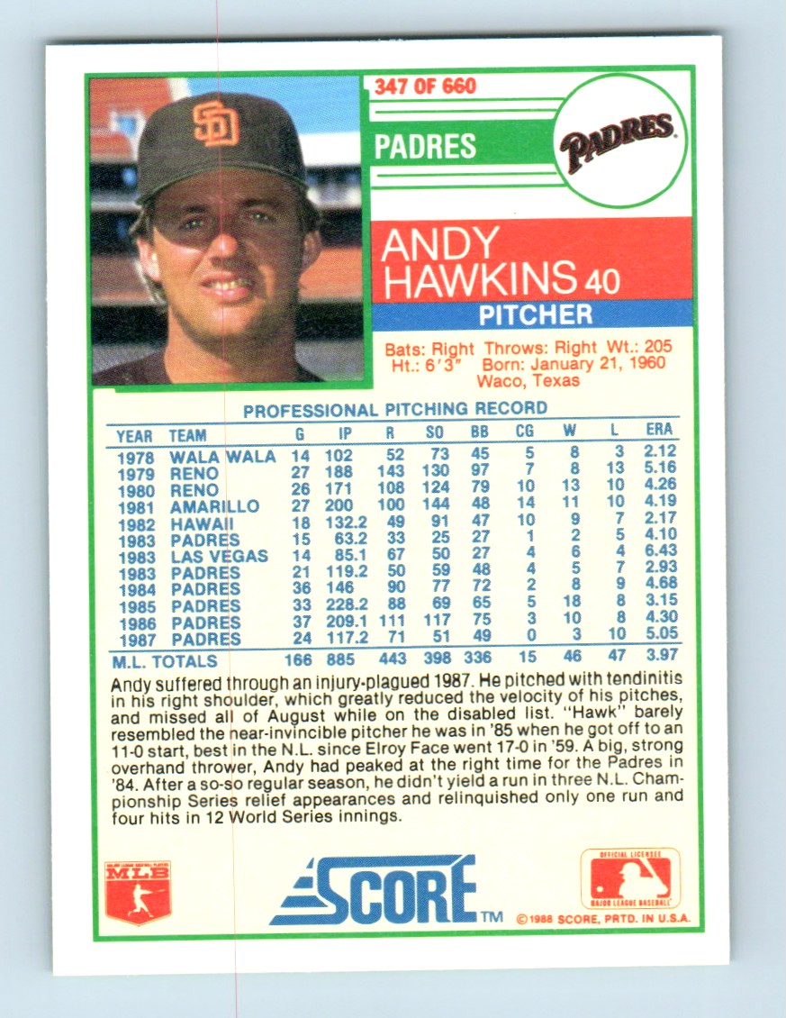 1988 Score Andy Hawkins San Diego Padres #347 | eBay