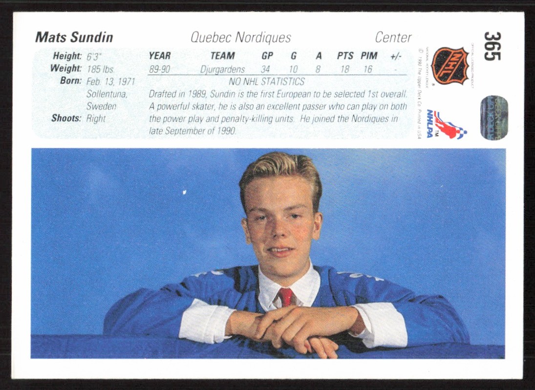 1990-91 Upper Deck Mats Sundin #365 card back image