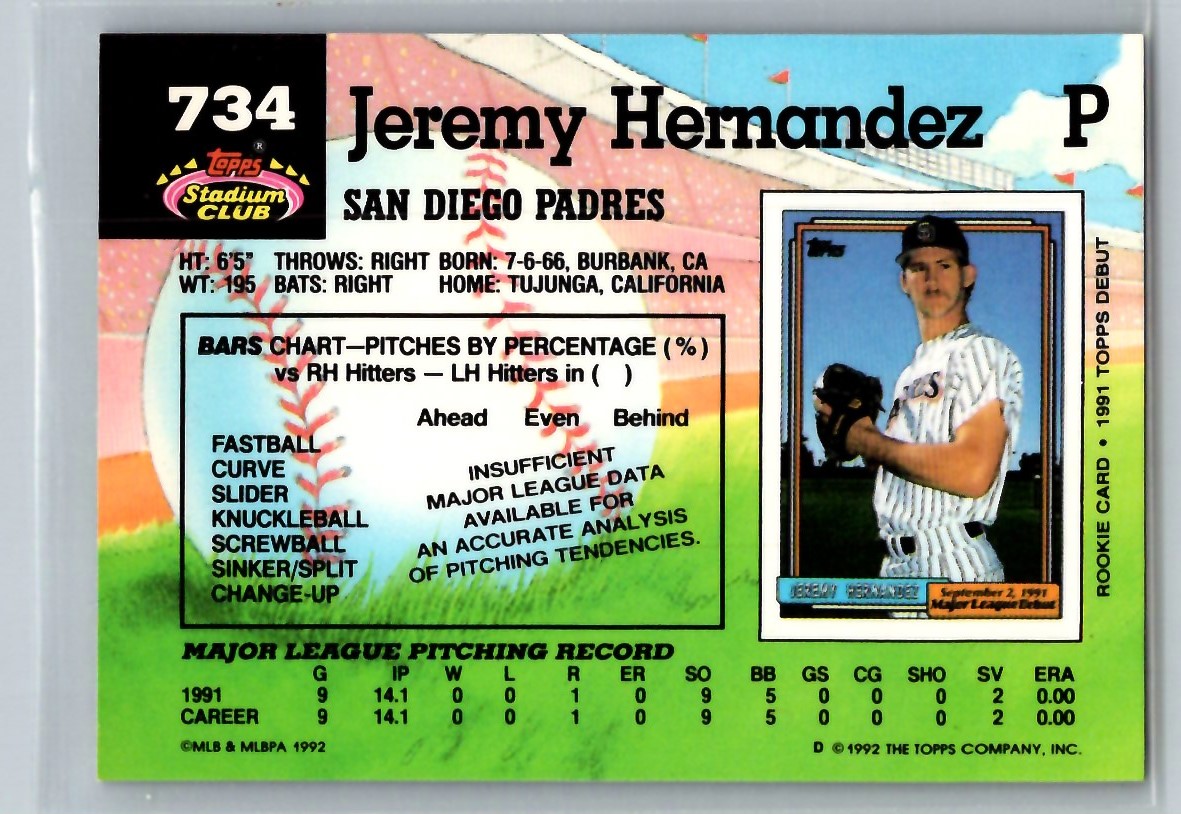 1992 STADIUM CLUB JEREMY HERNANDEZ RC SAN DIEGO PADRES #734 | eBay