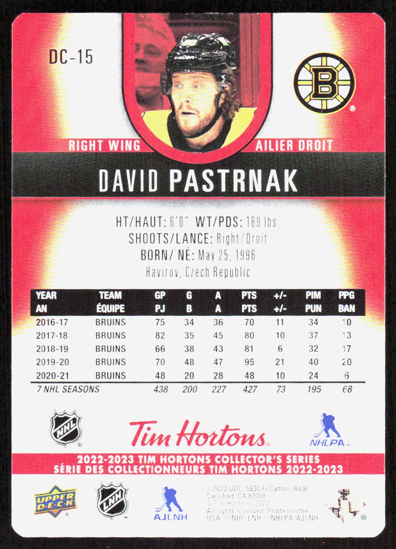 2022-23 Upper Deck Tim Hortons David Pastranak #DC-15 card back image