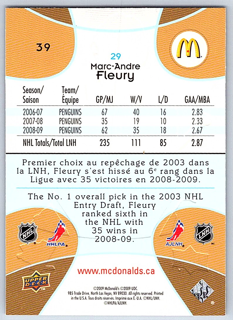 2009-10 Upper Deck McDonald's Marc-Andre Fleury #39 card back image