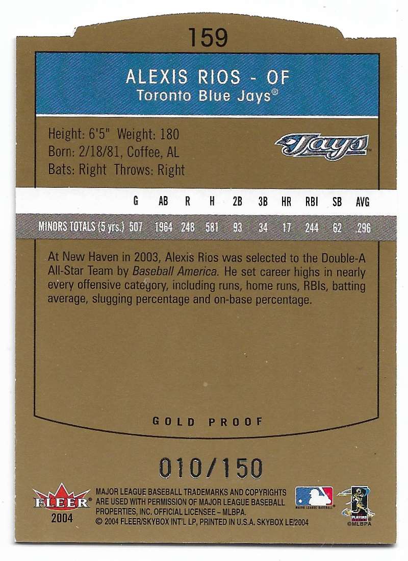 2004 SkyBox LE Alex Rios #159 card back image