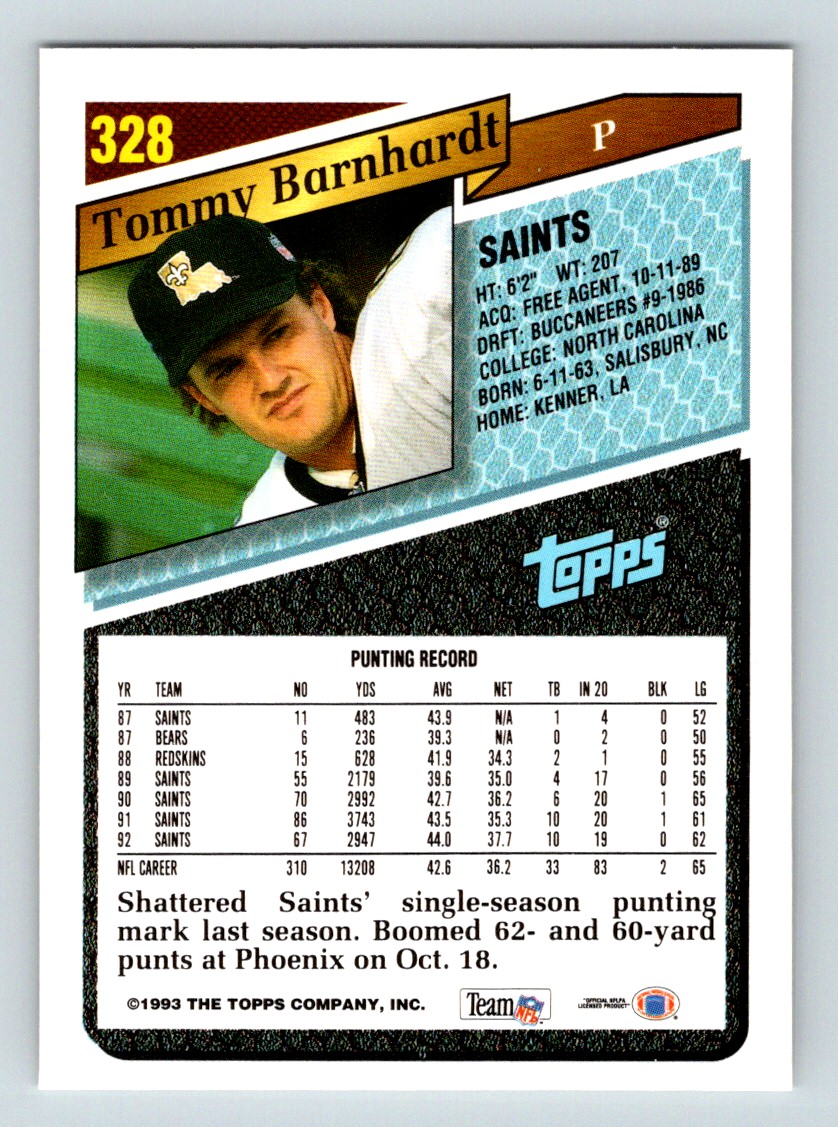 1993 Topps Tommy Barnhardt #328 card back image