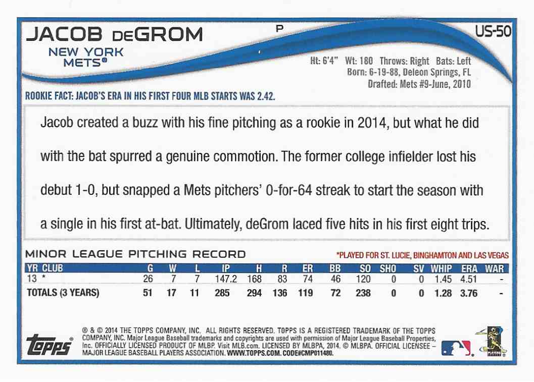 2014 Topps Rc Jacob Degrom Rookie Card New York Mets Mint Us 50 On Kronozio