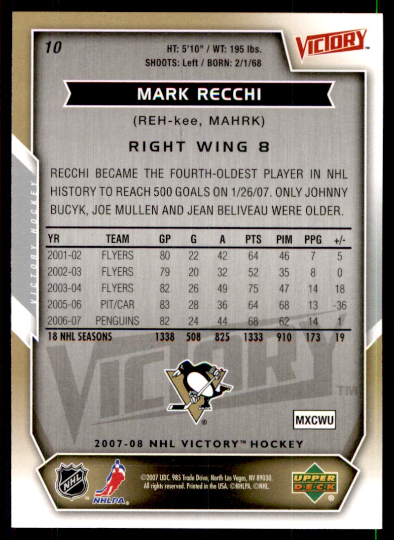 2007-08 Upper Deck Victory Mark Recchi Pittsburgh Penguins #10 | eBay