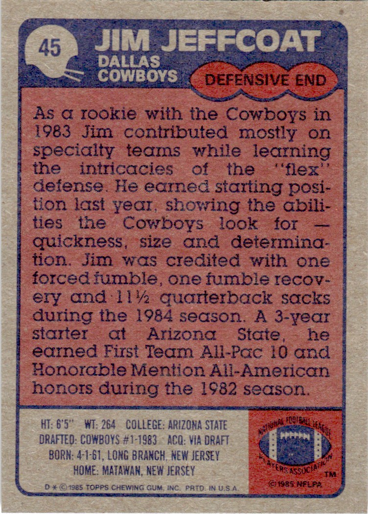 1985 Topps Jim Jeffcoat #45 card back image