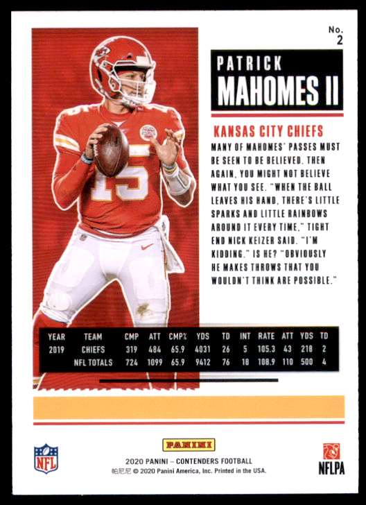 2020 Panini Contenders Patrick Mahomes #2 on Kronozio