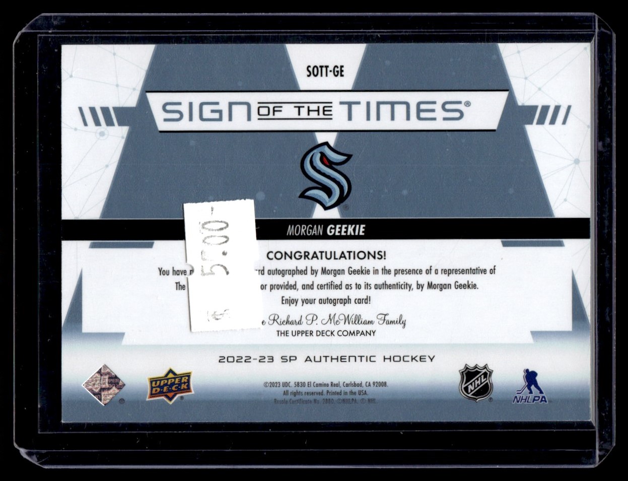 2022-23 SP Authentic Sign of the Times Morgan Geekie Auto Seattle