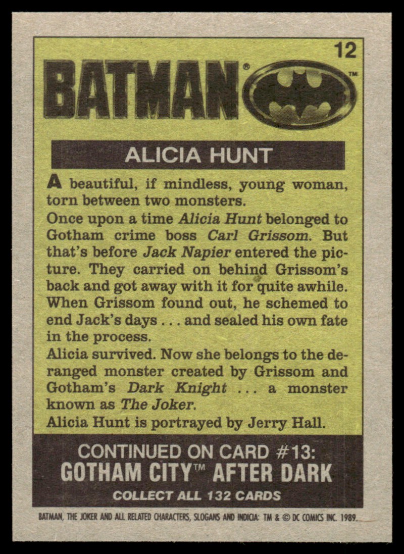 1989 Topps Batman the Movie Alicia Hunt #12 card back image
