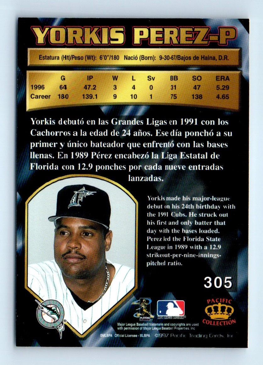 1997 Pacific Crown Collection Yorkis Perez Florida Marlins