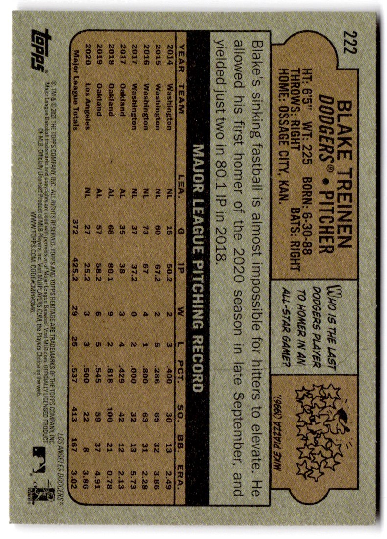 2021 Topps Heritage Blake Treinen #222 card back image