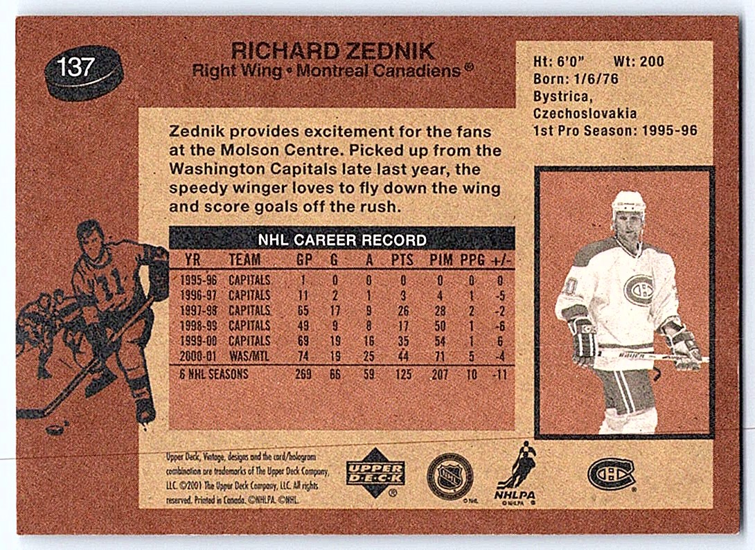 2001-02 Upper Deck Vintage Richard Zednik #137 card back image
