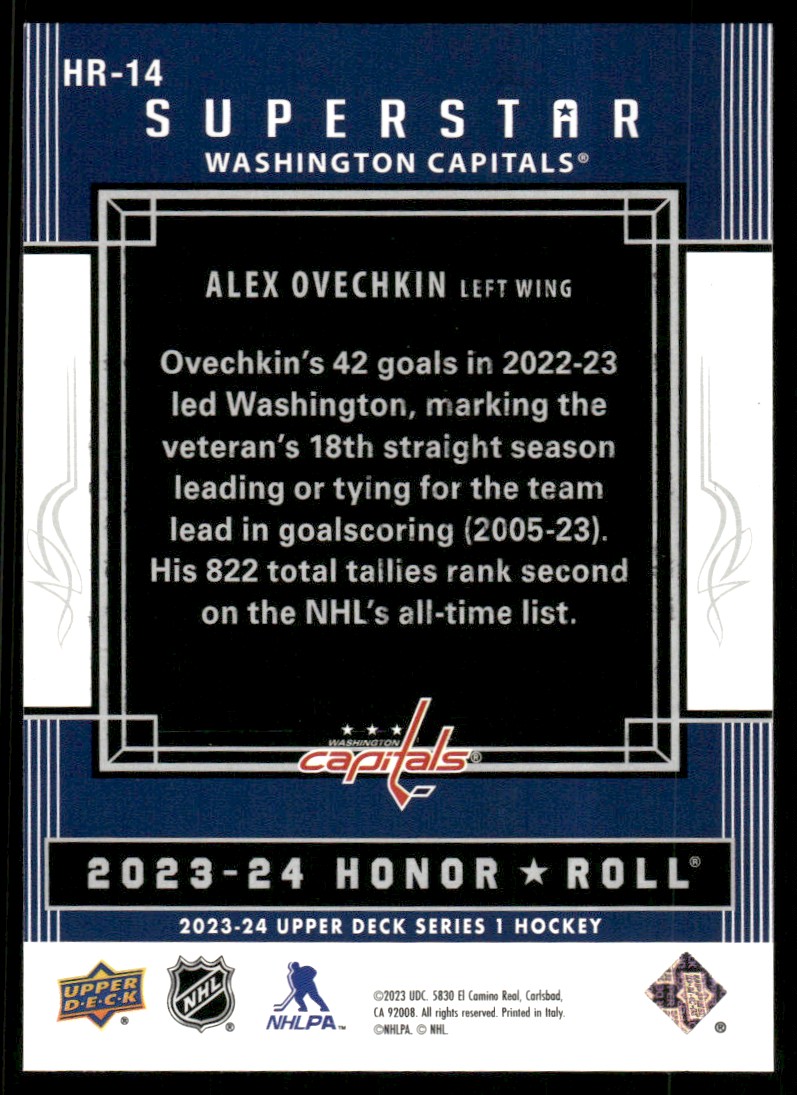 2023-24 Upper Deck Honor Roll Alex Ovechkin #HR-14 card back image