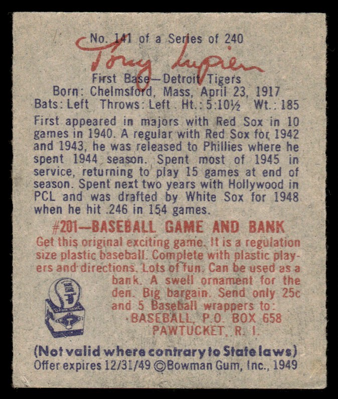 1949 Bowman Ulysses Tony Lupien #10 card back image