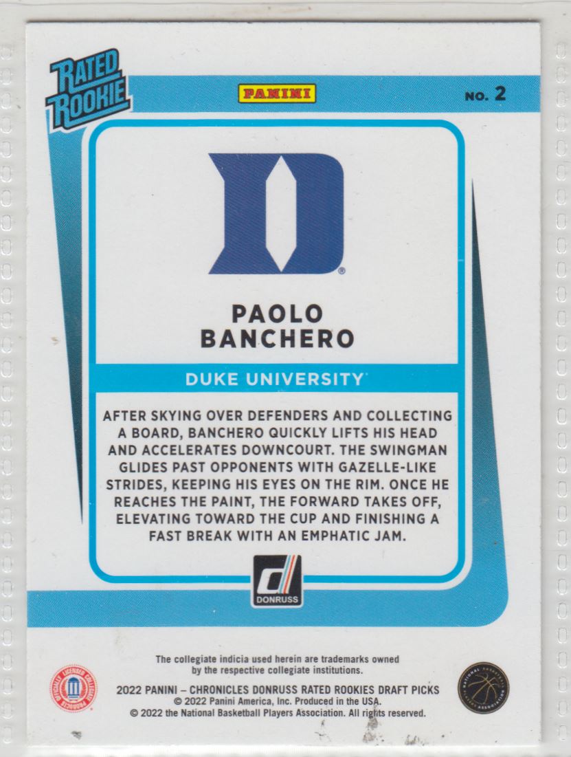 2022-23 Panini Chronicles Draft Picks Donruss Rated Rookies Paolo Banchero #2 card back image