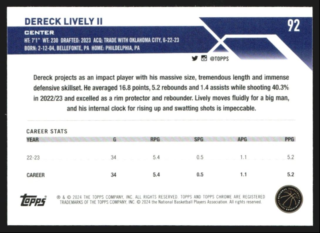 2023-24 Topps Chrome Dereck Lively II #92 card back image