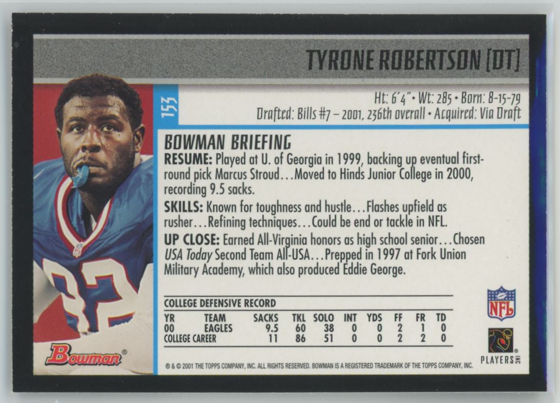 2001 Bowman Tyrone Robertson Rookie Buffalo Bills #153 | eBay