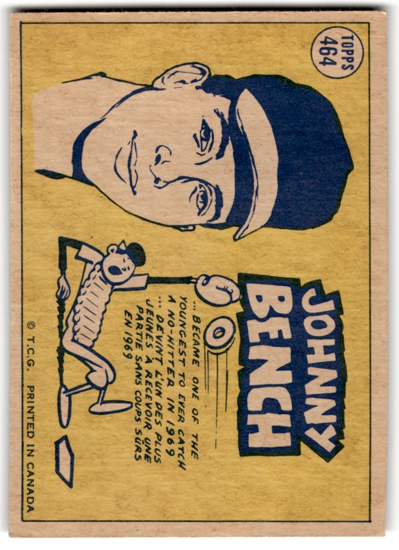 1970 O-Pee-Chee Johnny Bench #464 card back image