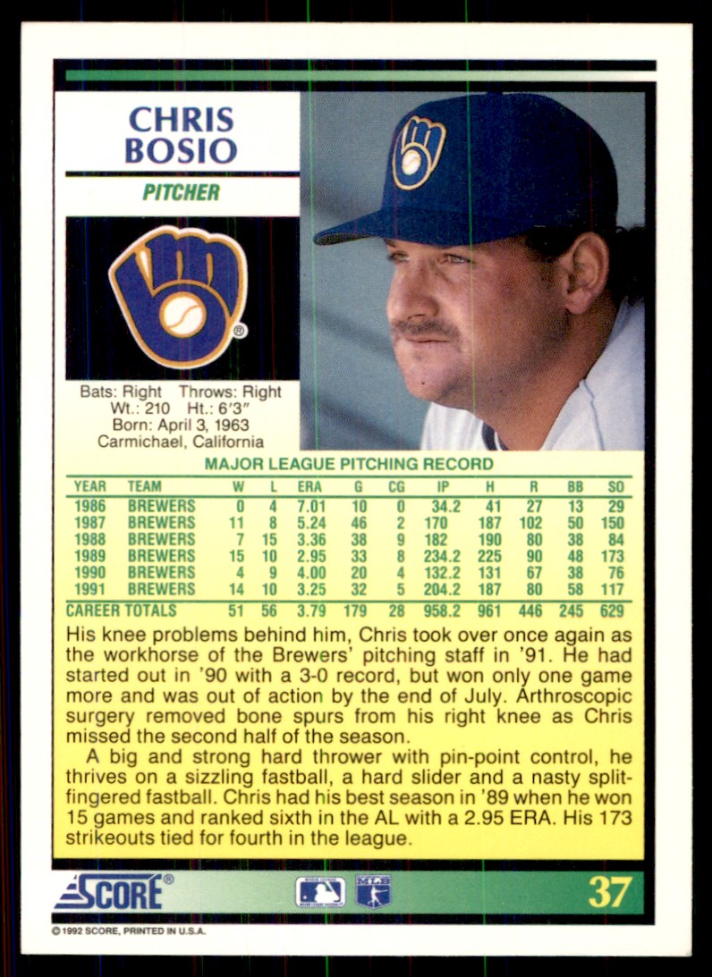 1992 Score Chris Bosio Milwaukee Brewers #37 | eBay
