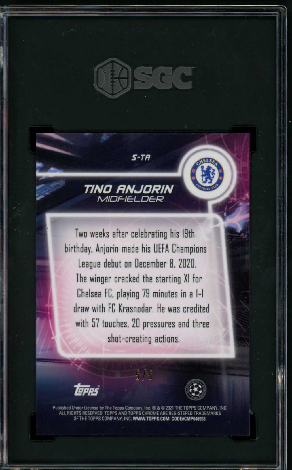 2021 Topps Chrome AOKI x UCL Neon Red 5/5 RC Tino Anjorin #S-TR card back image