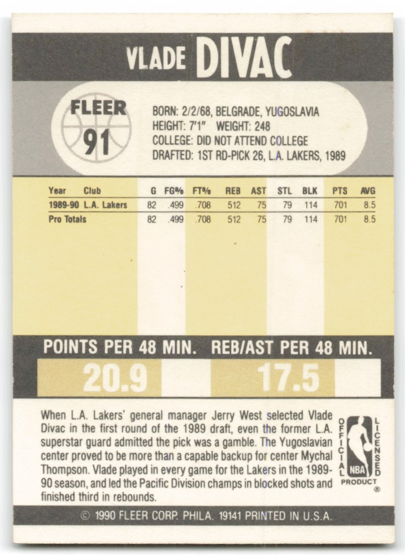 1990-91 Fleer Vlade Divac #91 card back image