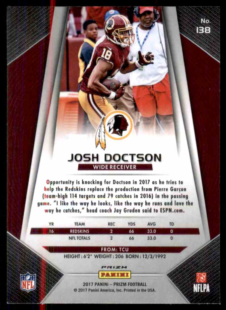 2017 Panini Prizm Prizms Josh Doctson #138 card back image