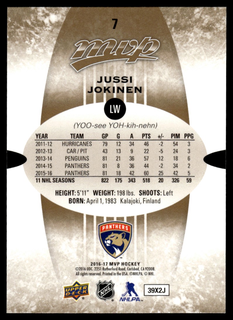 2016-17 Upper Deck MVP Jussi Jokinen #7 card back image