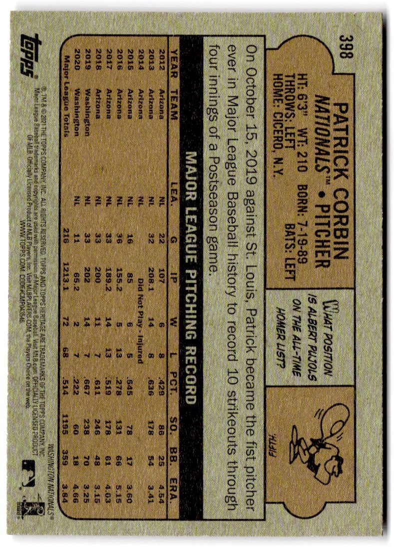 2021 Topps Heritage Patrick Corbin #398 card back image