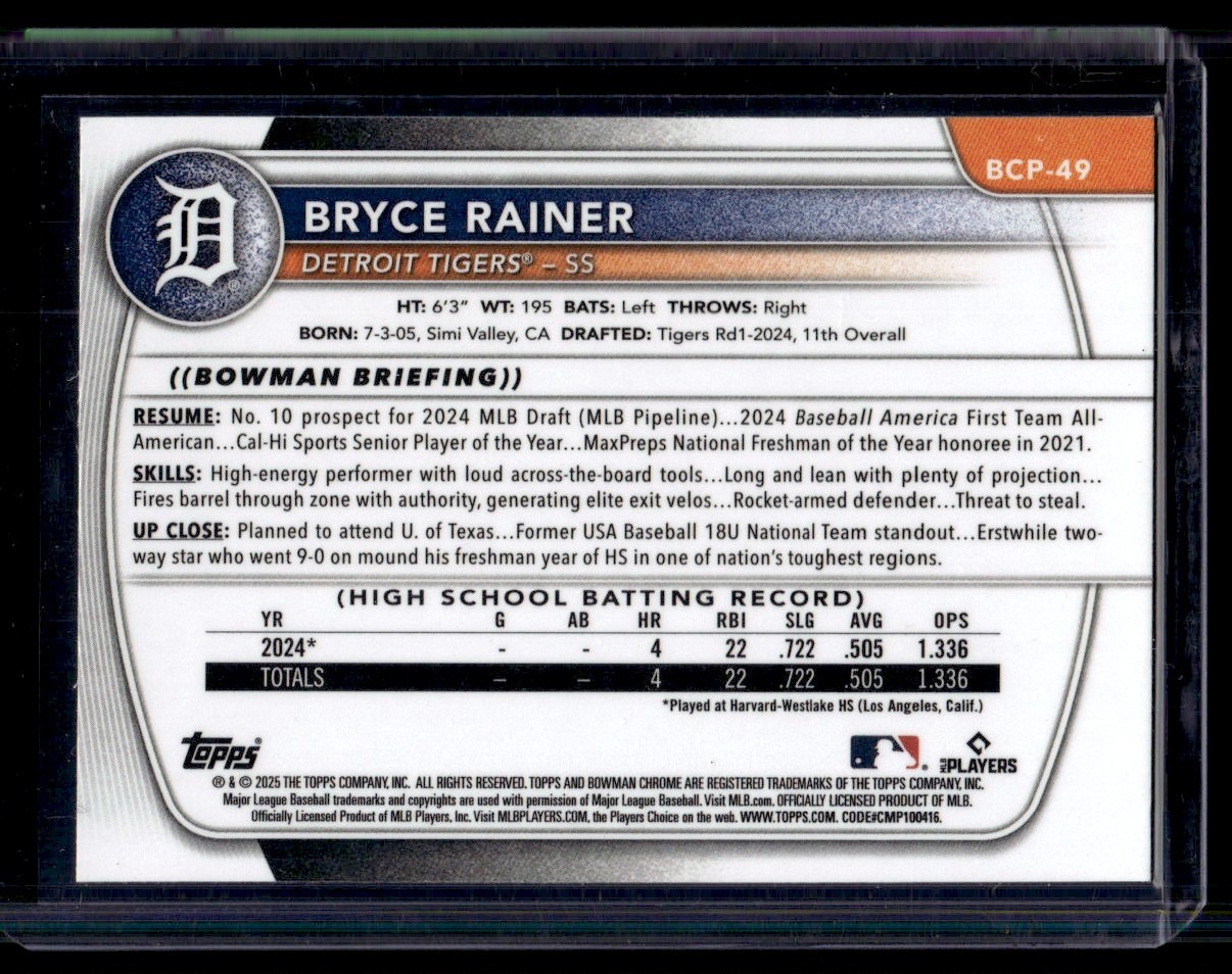 2025 Bowman Chrome Prospects Bryce Rainer #BCP-49 card back image