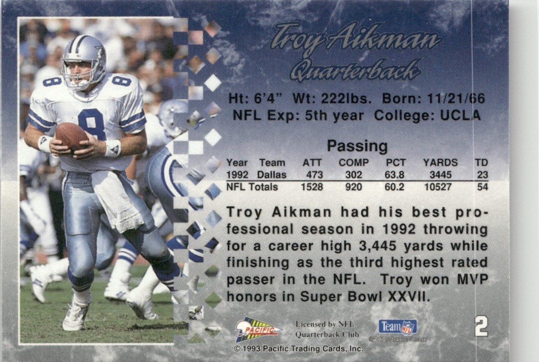 1993 Pacific Football Card NFL Troy Aikman Dallas Cowboys #2 | eBay
