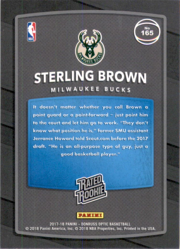 2017-18 Donruss Optic Mega Box Rated Rookie Red Yellow Sterling Brown RR #165 card back image