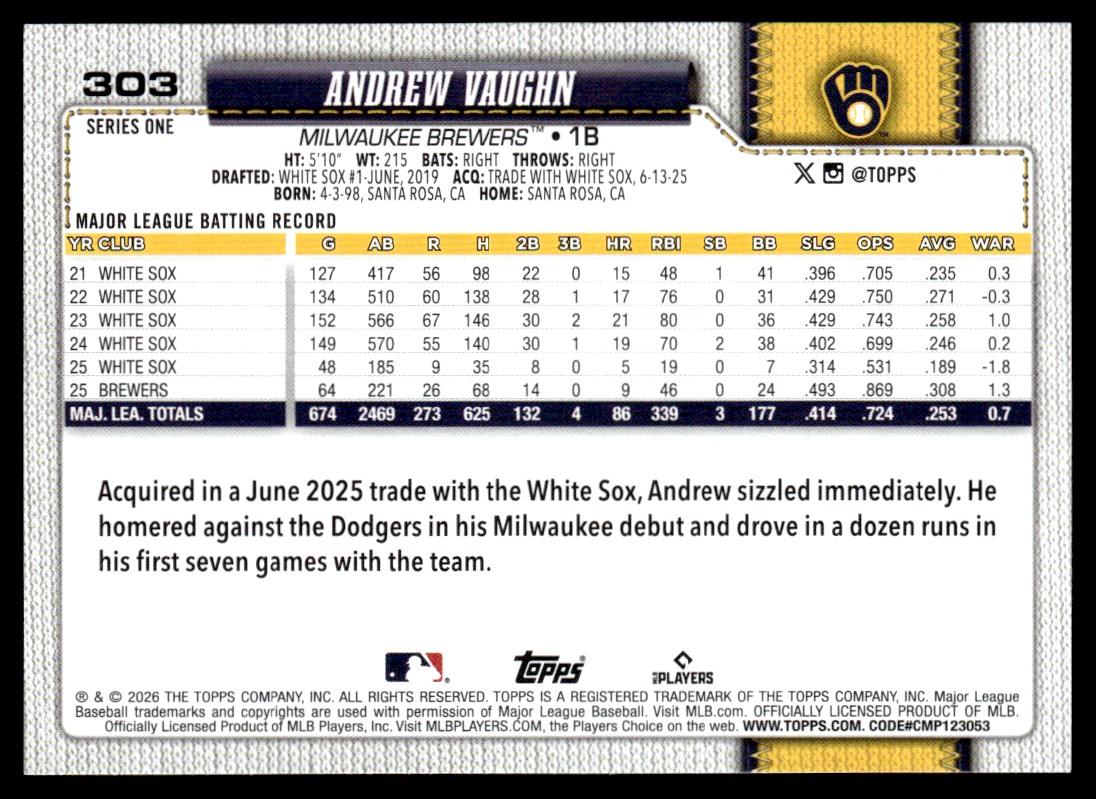 2026 Topps Series 1 Base Andrew Vaughn Milwaukee Brewers #303 | eBay
