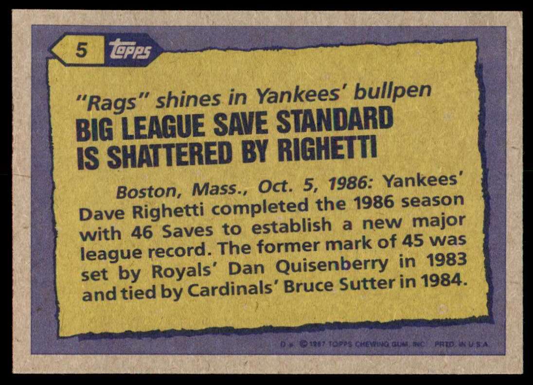 1987 Topps Dave Righetti #5 card back image