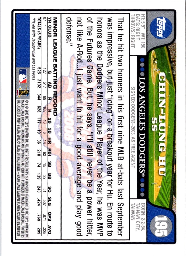2008 Topps Opening Day Chin-Lung Hu #195 card back image