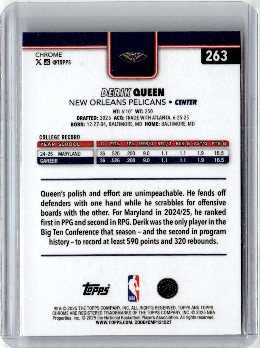 2025-26 Topps Chrome NBA X-Fractor Derik Queen RC New Orleans