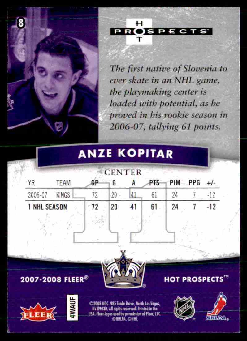 2007-08 Fleer Hot Prospects Anze Kopitar #8 card back image