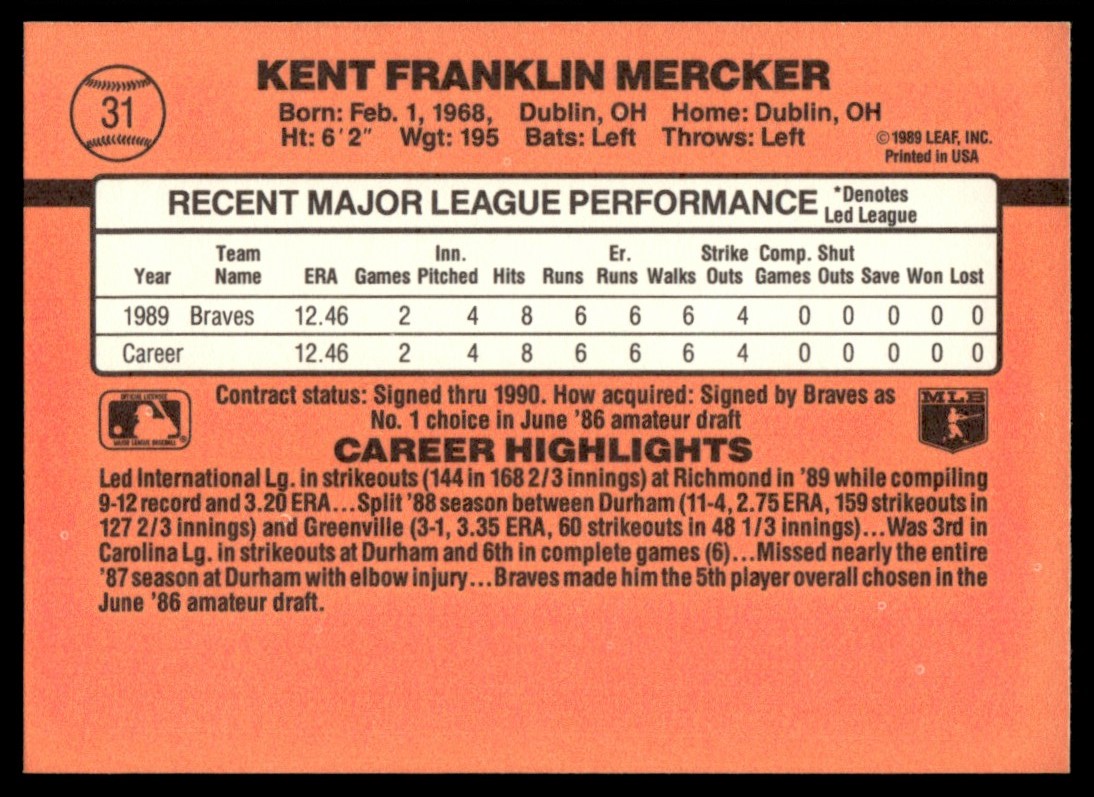 1990 Don Russ Rated Kent outlets Mercker Rookie Baseball Card